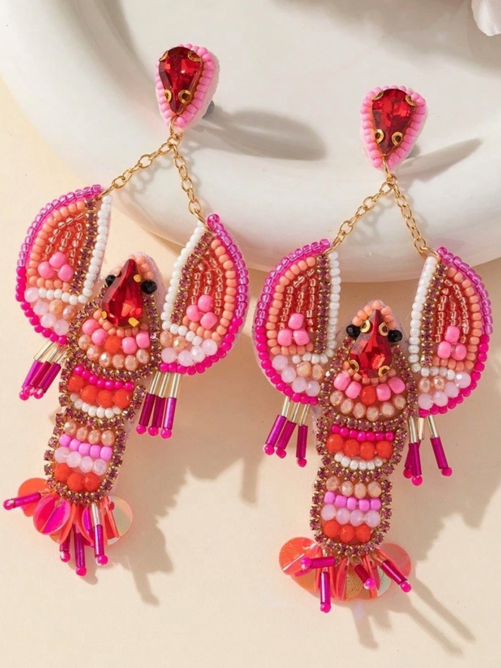 NEW Beaded & Stones Pink Lobster Statement Earrings!!